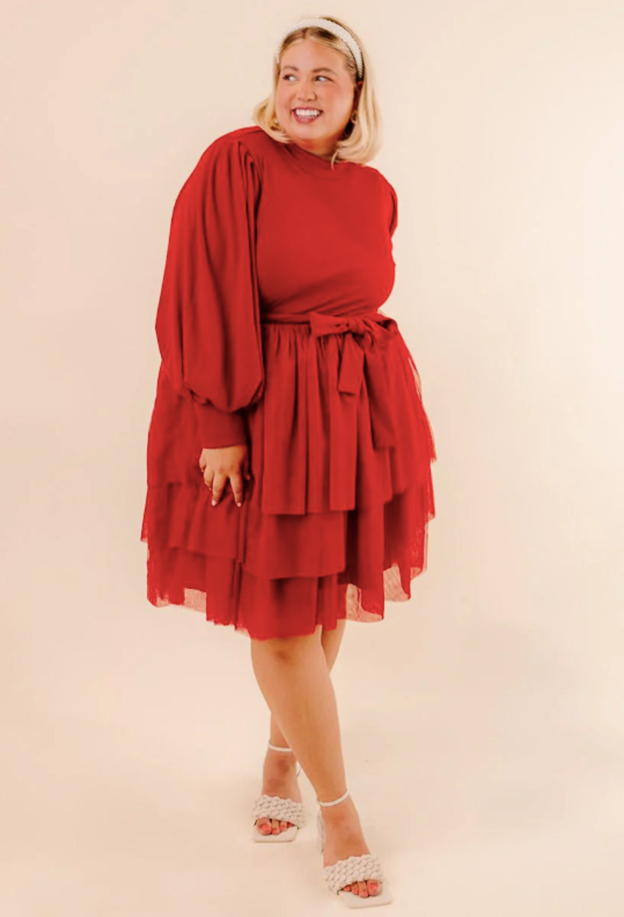 Ivy City Co Cosette Knit Long Balloon Sleeve Tiered Tulle Short Dress Red 4X